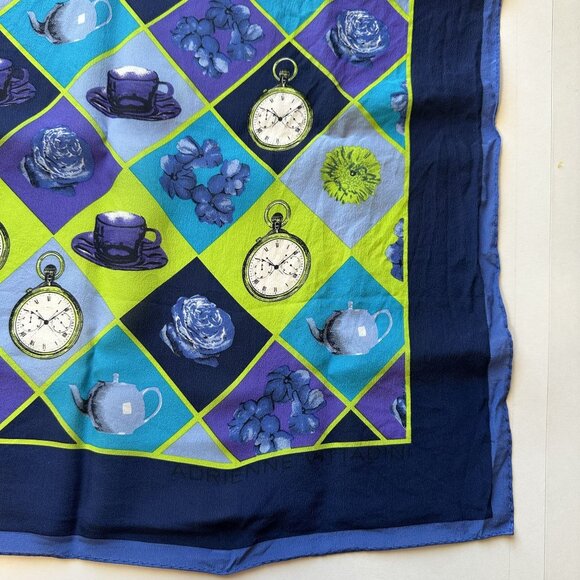 Adrienne Vittadini Blue & Green Silk Scarf Teapots Roses Clocks Checkered Vtg - Picture 7 of 7